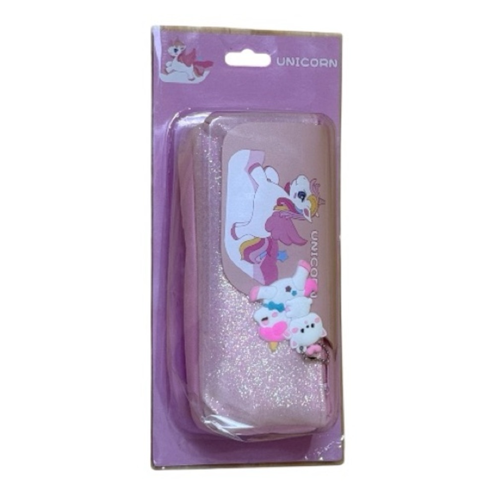 Pink Glitter Unicorn Zipper Wallet Pencil Case w/ Charm – Kids Gift (New)